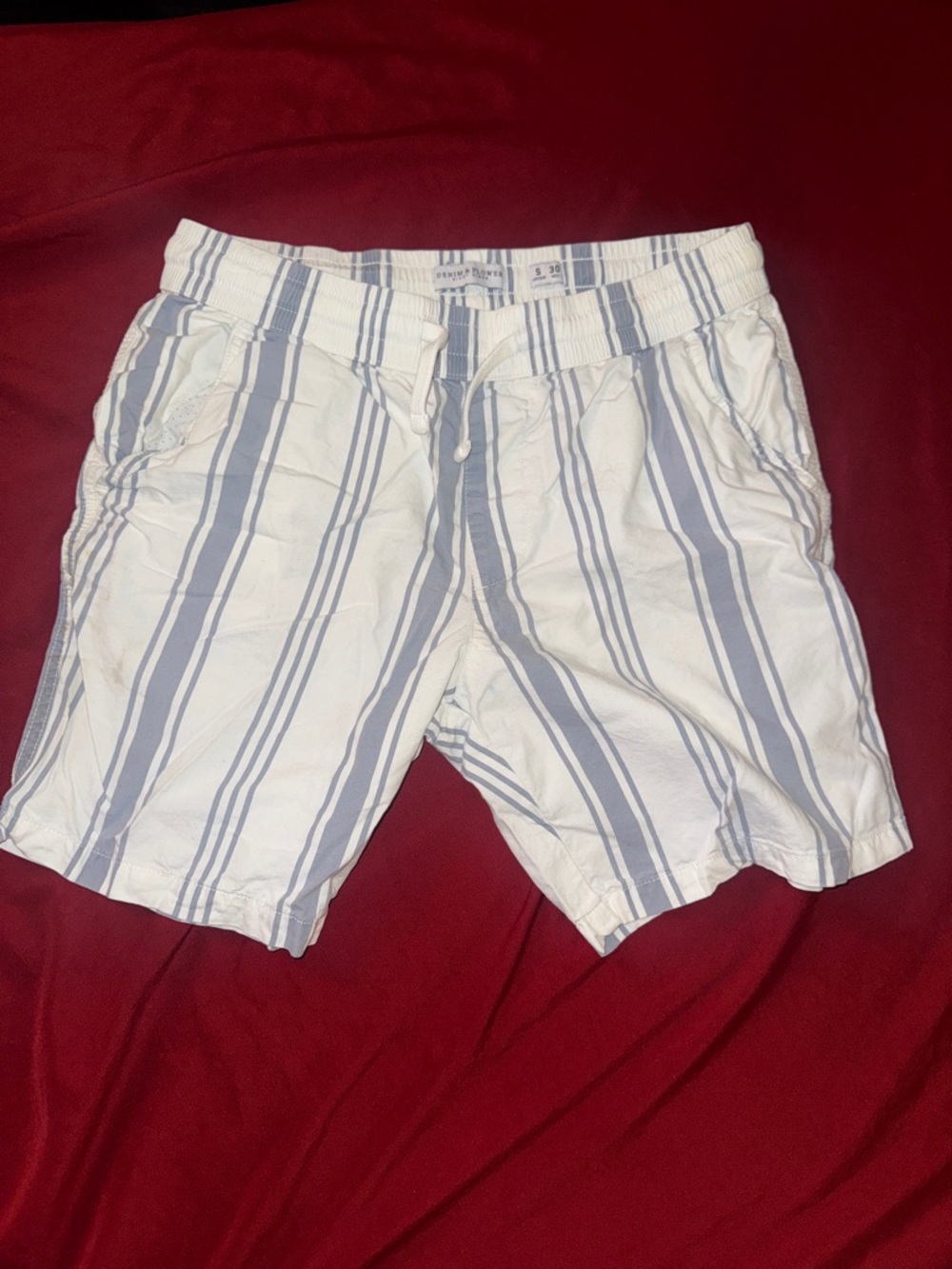 Denim & Flower White and Light Blue Striped Drawstring Athletic Shorts